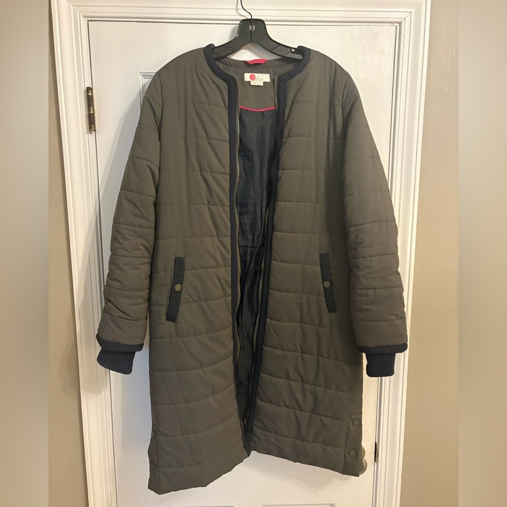 Boden Olive Green Quilted Long Puffer Coat with Blue Trim